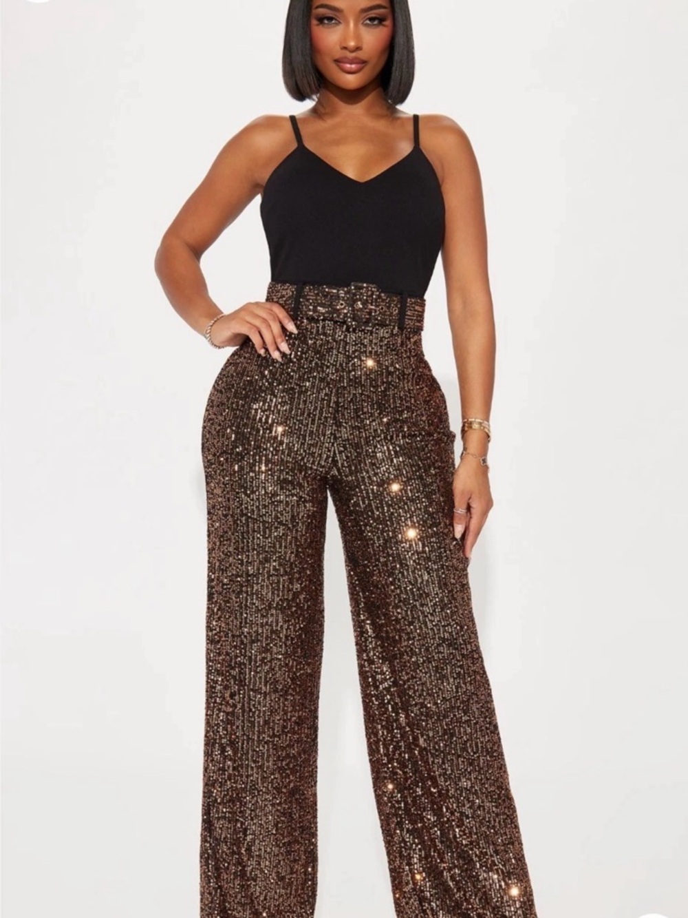 Fashion Nova Bronze Sequin Wide-Leg High-Waist Pants